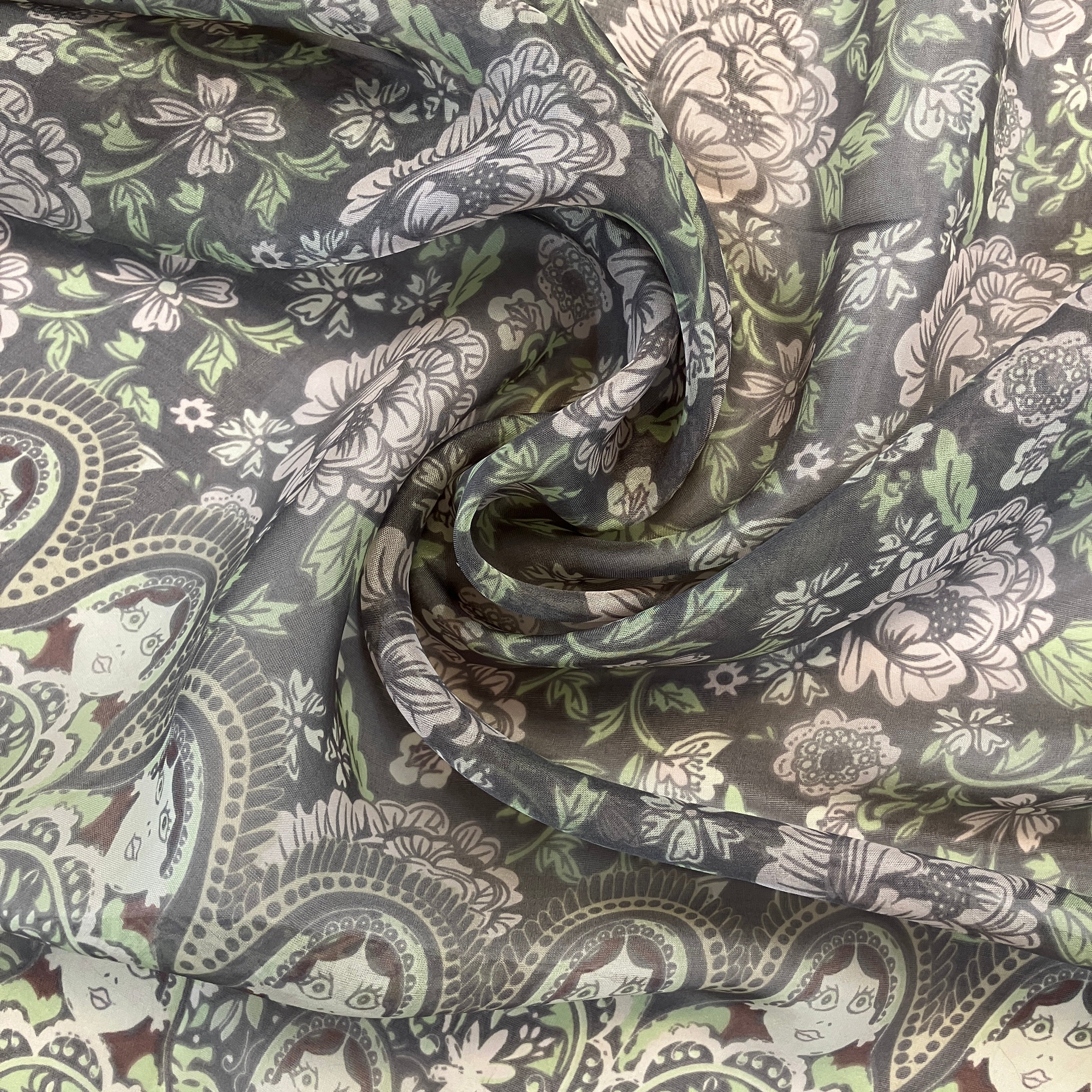 Silk Chiffon Grey Floral Doll Boarder Print